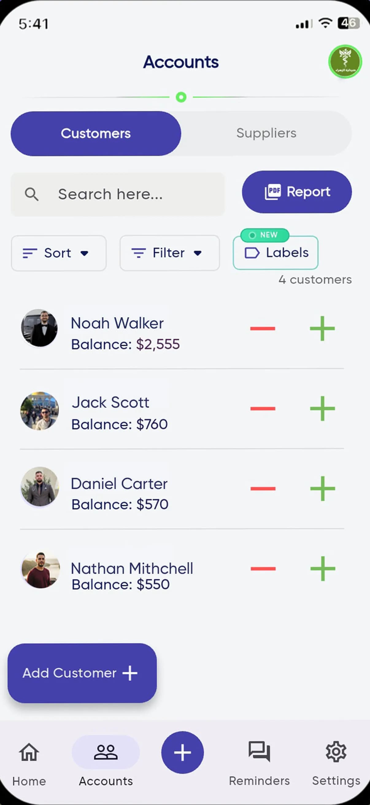 The Debt System's accounts screen: the customer list with each customer's balance